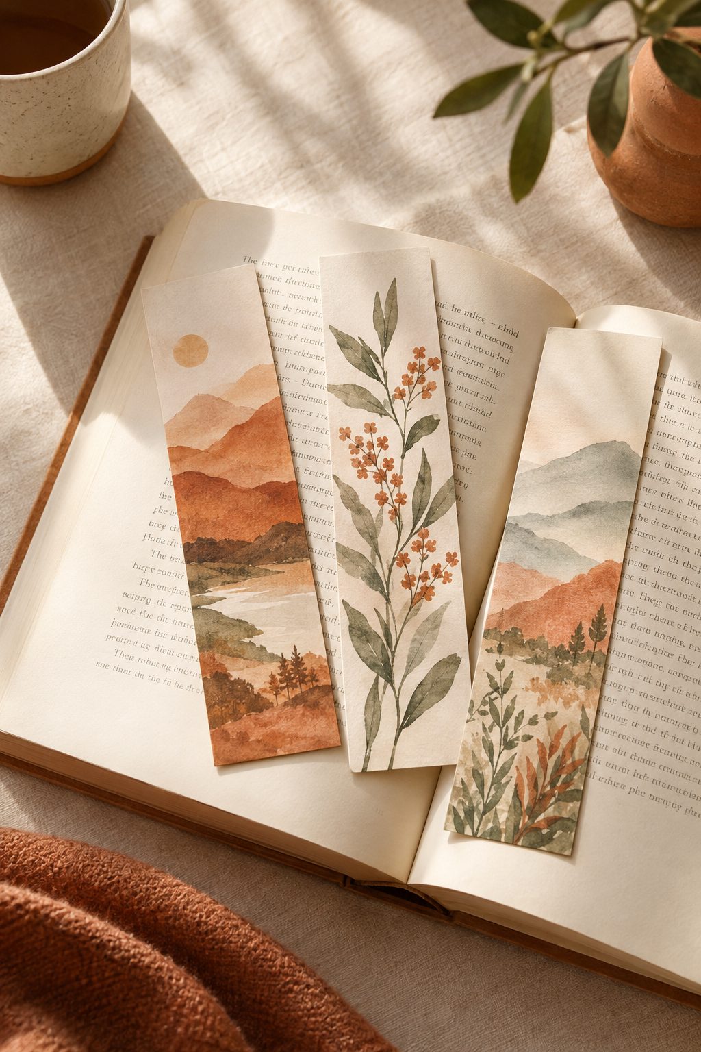Three watercolor bookmarks on an open book
