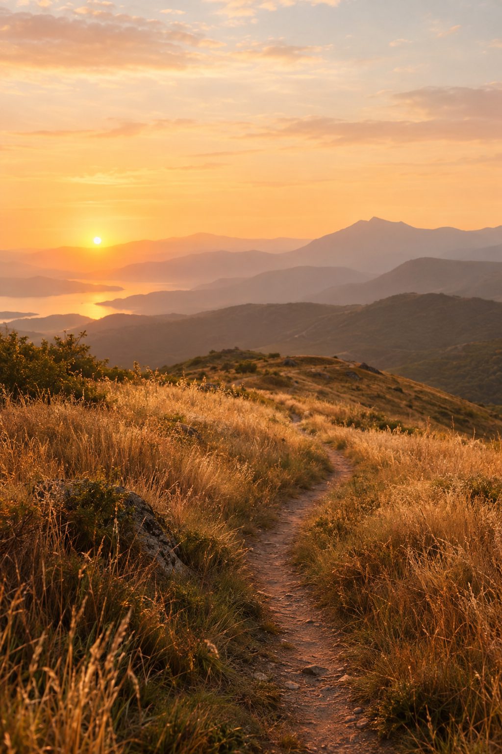 A footpath winding toward distant mountains at sunrise