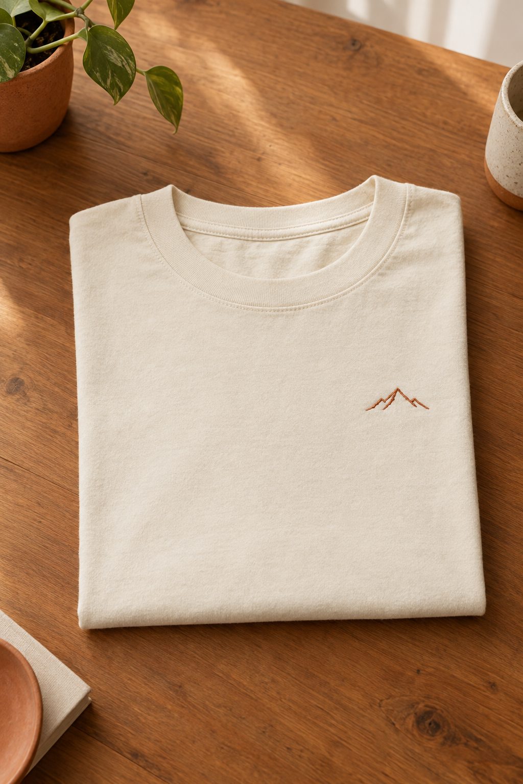Folded cream t-shirt with a small embroidered mountain